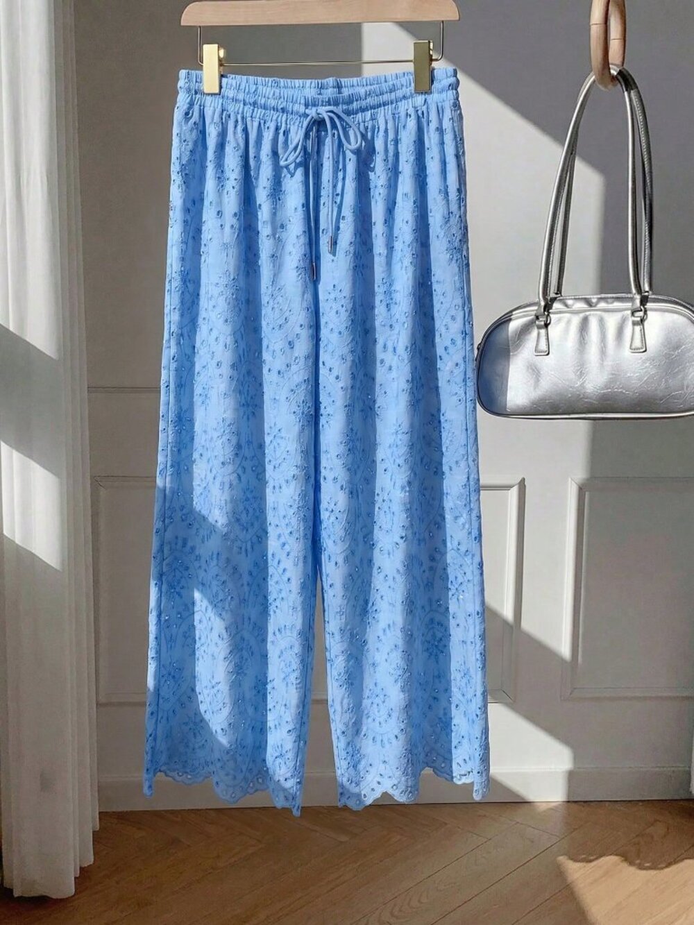 Blue Casual Women's Plus Size Embroidered Loose Pants - Picture 6 of 6